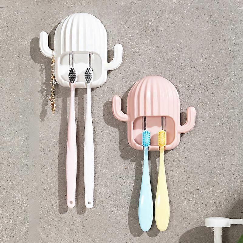 2 Pcs Wall Mounted Bathroom Toothbrush Holder Cactus Shape Paste Without Punching *Pink+White