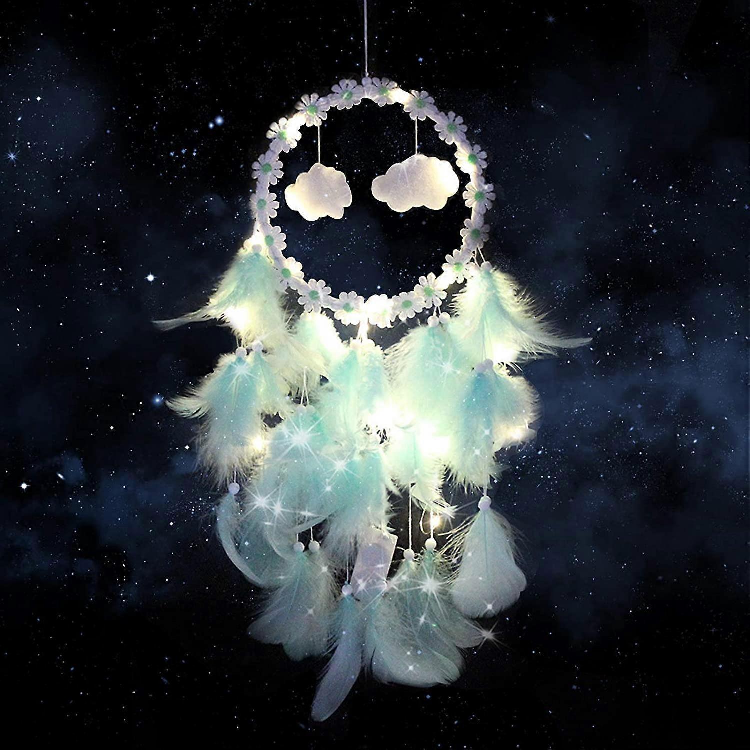 Atrapasueños hecho a mano, atrapasueños con luces LED, atrapasueños con plumas naturales