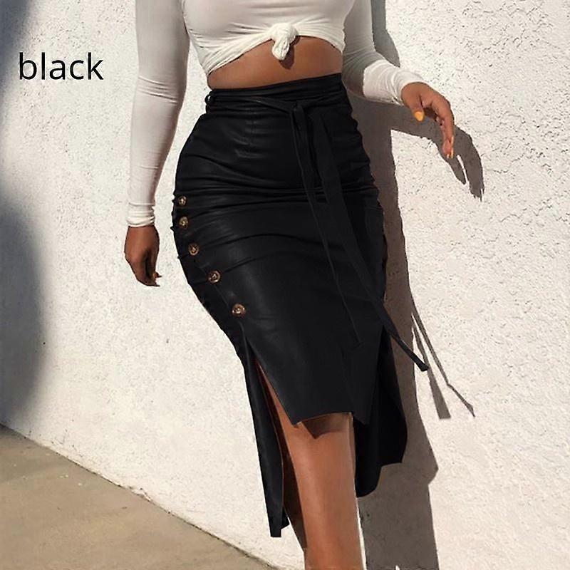Stylish PU Leather Women's Solid Color Wrap Hip Skirt High Waist Lace-up Edge Buckle Slim Pencil Skirt