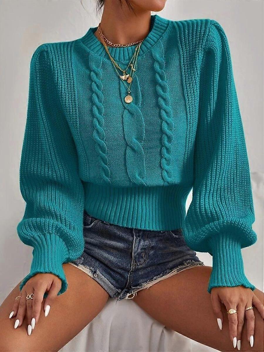 Solid Color Knitted Sweater Women's Round Neck Pullover Lantern Sleeve Top