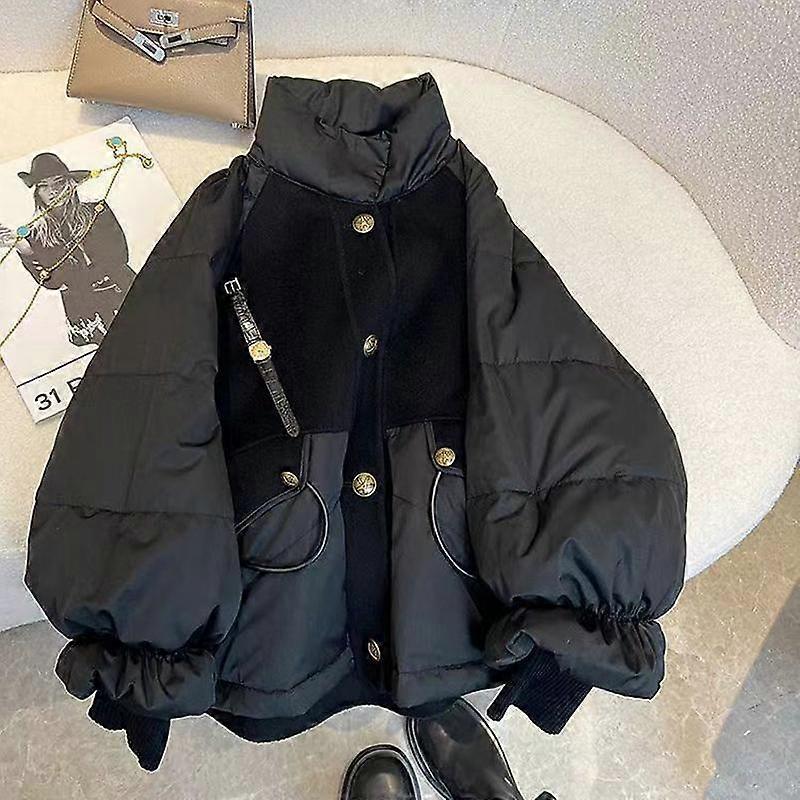 Winter Large Size Parka Cotton Down Jacket Thick Patchwork Jacket Black Zipper Coat Women