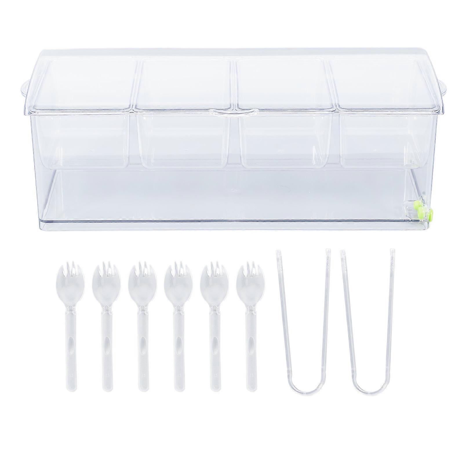 Ice Chilled Condiment Server Plastic Storage Cold Food Container Clear Sauce Caddy Serving Tray Container with Lid 4 Compartment