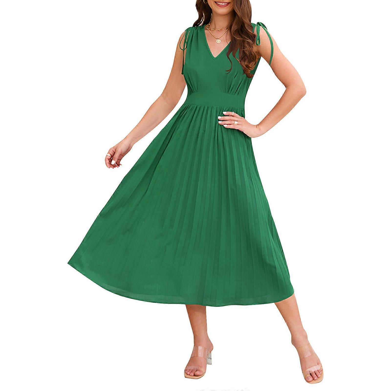 Women V-neck Dress Wedding Guest Pleated Skirt Sleeveless Mid-length Calf  Skirt Casual Slim Fit Dress for Party Club Green M | Fruugo NO