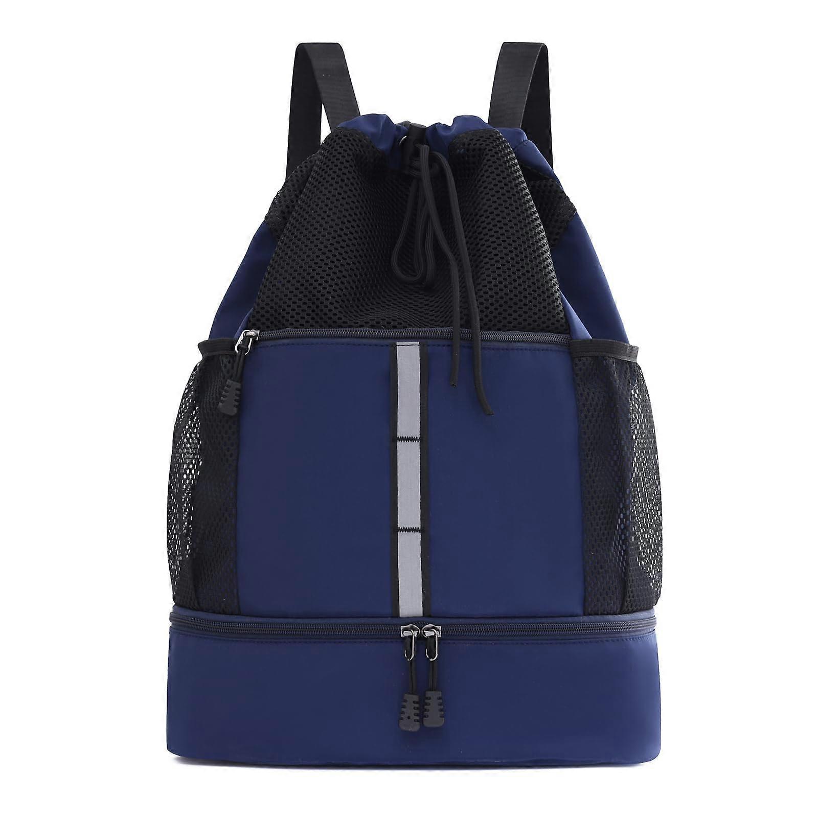 DrawString Gym Bag Sports Backpack With Shoe Compartment And Reflective Strips Dark Blue