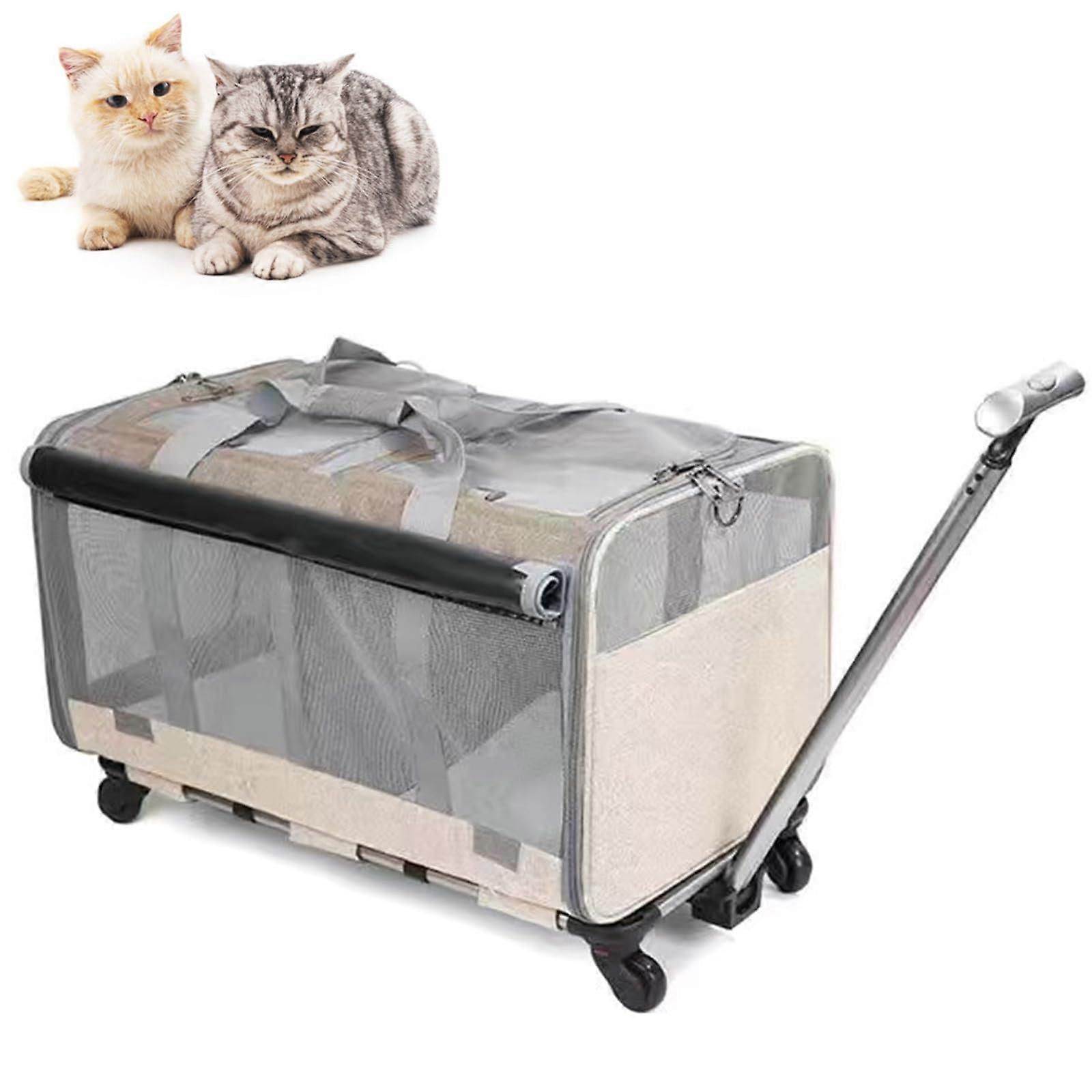 Rolling Cat Carrier with Wheels for 2 Double Cats, Cat Carrier with Wheels, Khaki