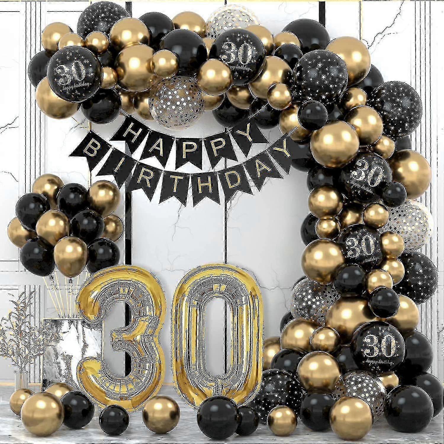 30th Man Women Birthday Party Decorations, Happy Birthday Garland Balloon Black Gold Decoration