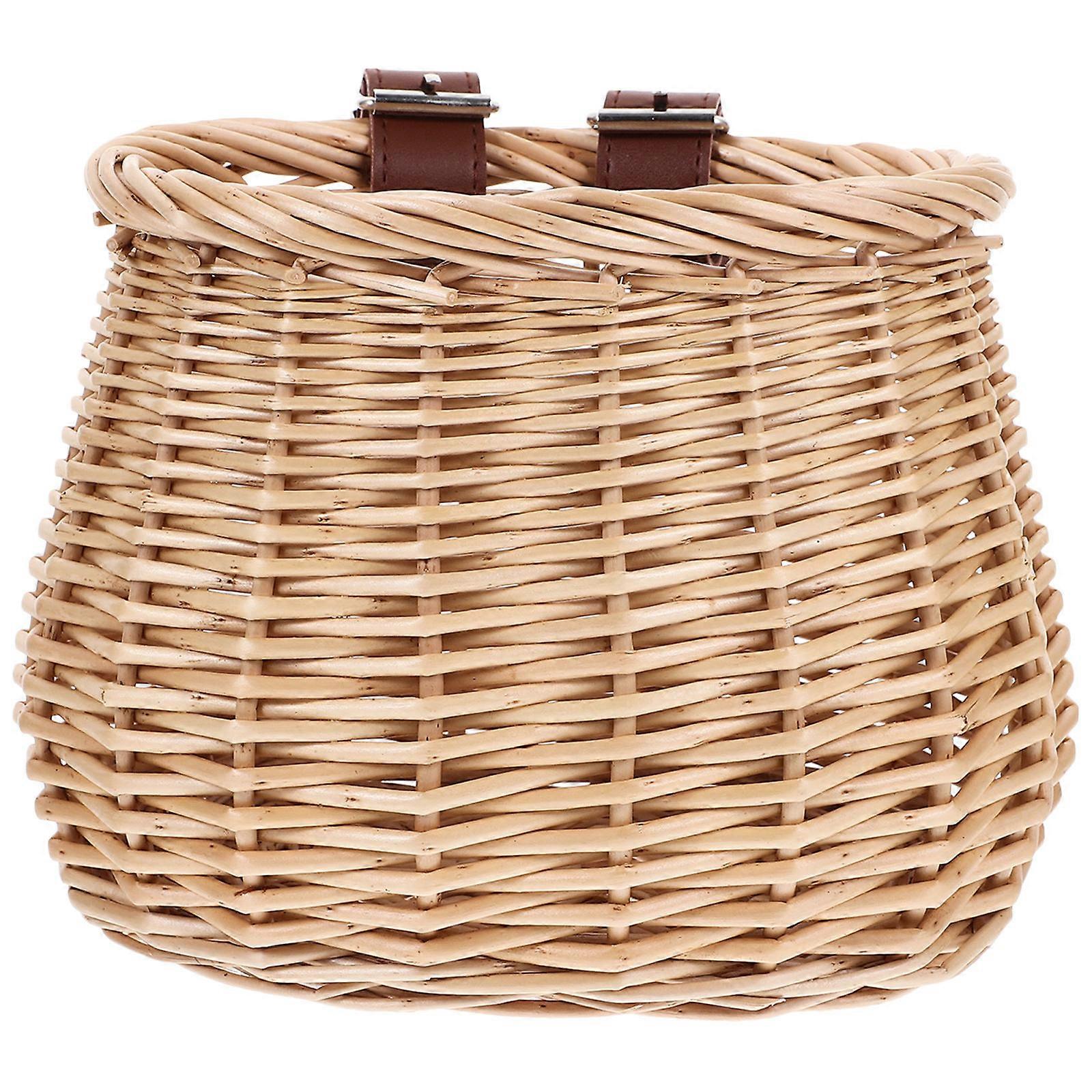 Durable Woven Rattan Bike Basket – Natural Wood Color Front Storage Basket for Outdoor Cycling – Easy Install Accessory
