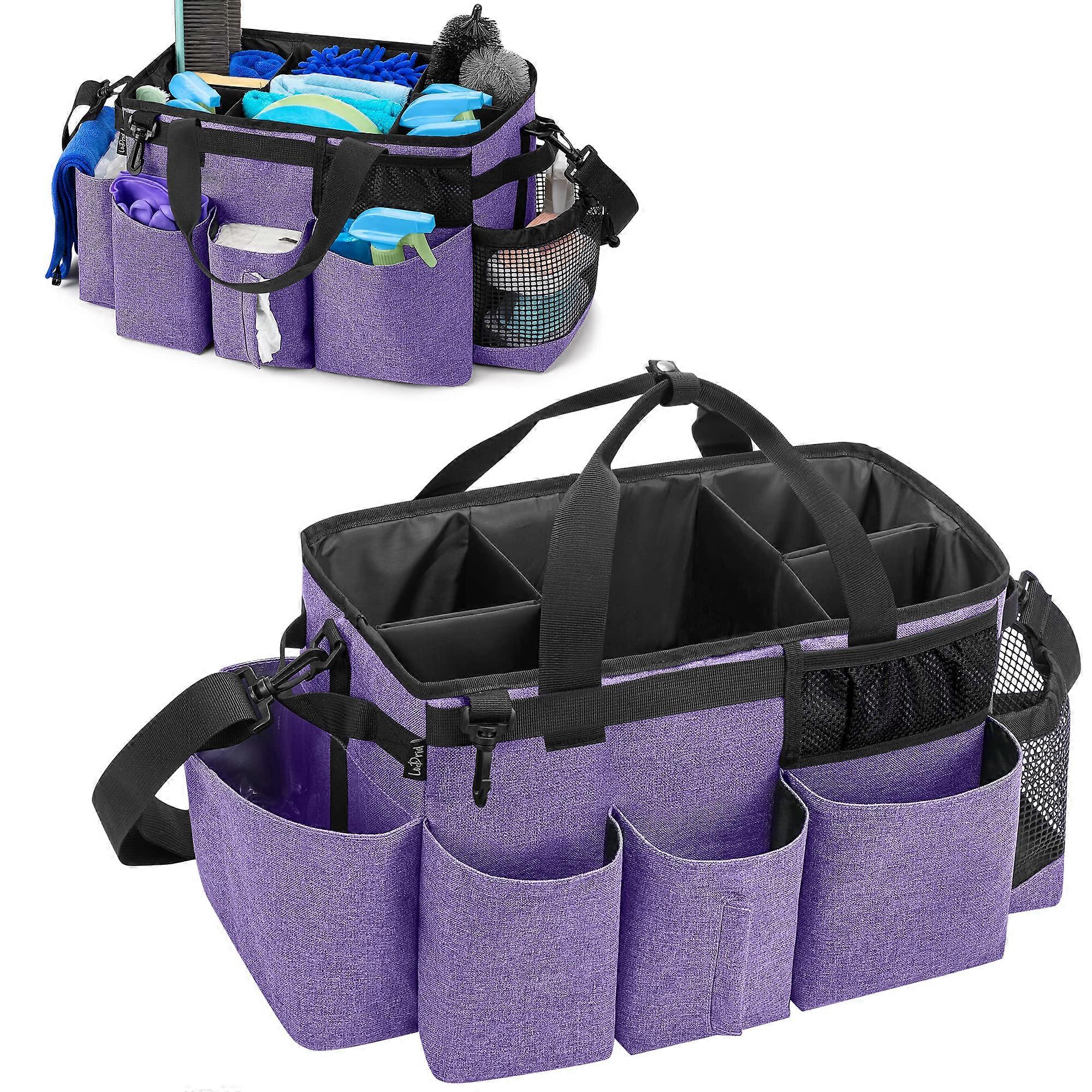 Cleaning Bag with 4 Foldable Dividers, Shoulder and Waist Belt, Purple