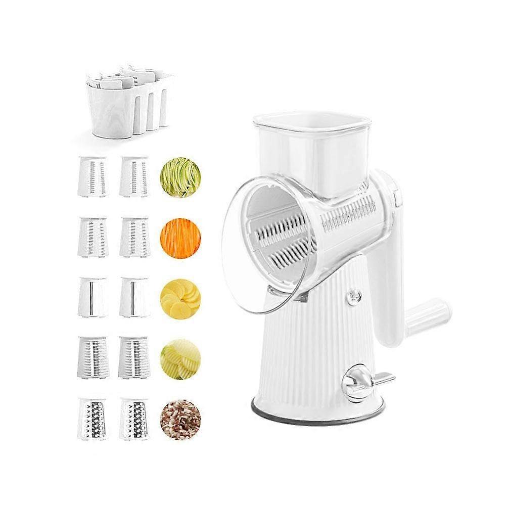 Rotary Cheese Grater, 5 in 1 Cheese Grater with Handle, Replaceable Rotary Cheese Shredder, Stainless Steel Cheese Chopper White 5 in 1