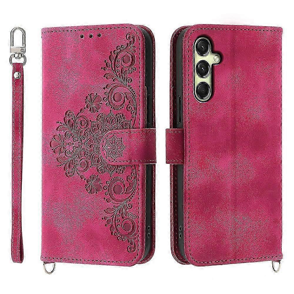 Flower Pattern PU Leather Wallet Phone Cover with Strap for Compatible Brand - Wine Red