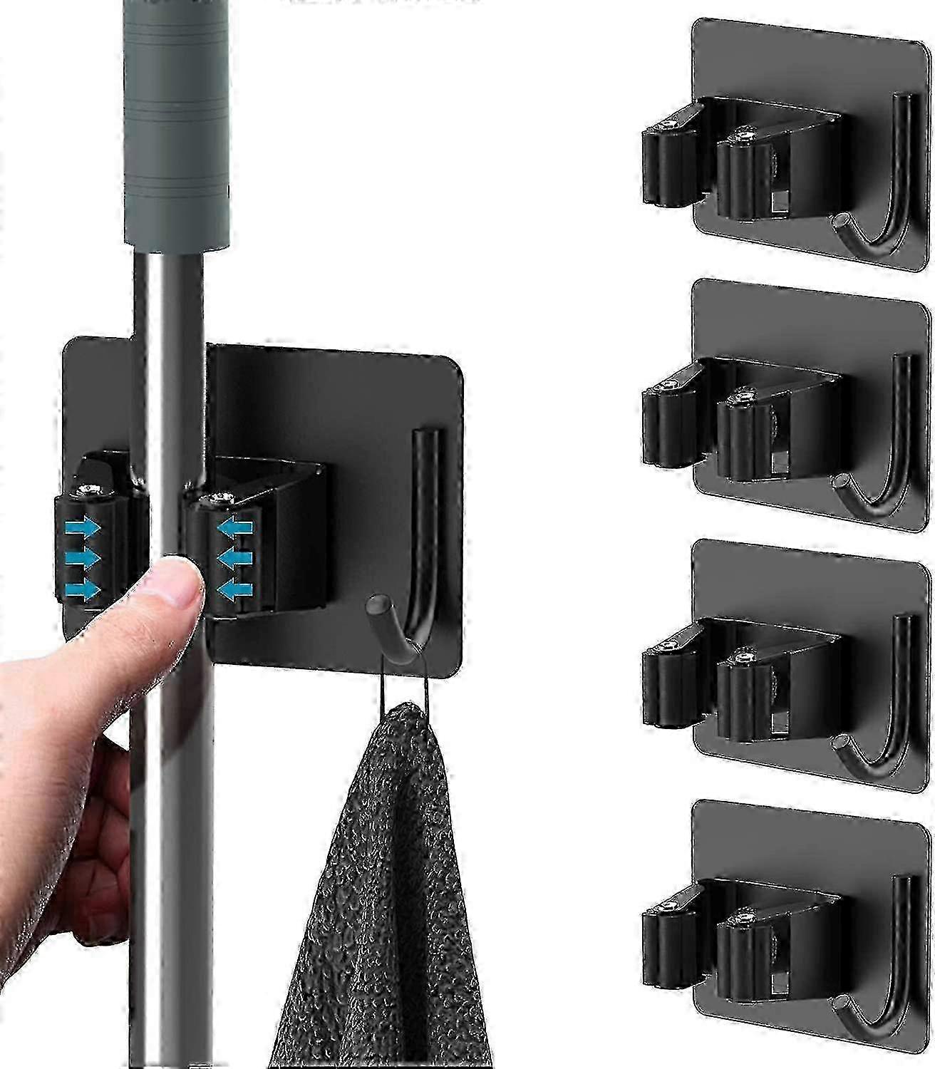 4pcs ステンレス製モップ&ほうきホルダーセット - ユーティリティ収納用フック付きウォールマウント粘着オーガナイザー & アクセスが簡単