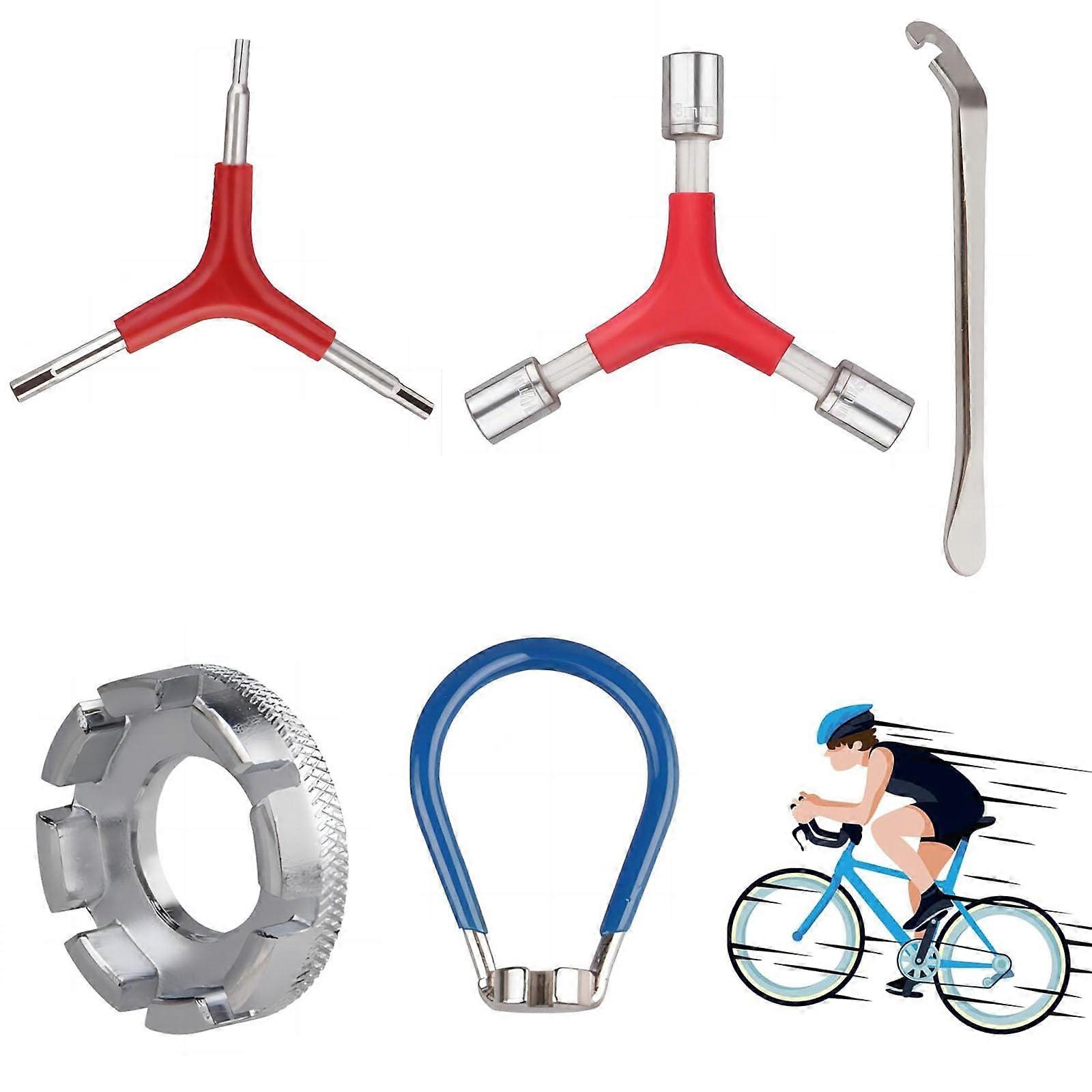 Bicycle Spoke Wrench Set, 5-Piece Tool Kit for Spoke Tensioning, Nipple Tensioner, Tyre Lever, and Wheel Centring Key
