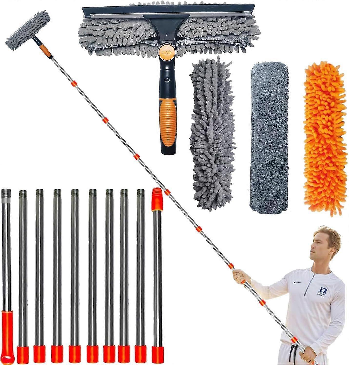 20 ft+ Reach Squeegee Window Cleaner Duster 2 in 1 Rotatable Window Cleaning Tool Kit with 3-14 ft Extension Pole, Window Washing Equipment for Indoor