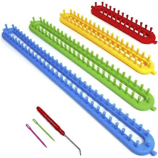 Rectangular Plastic Knitting Machine, Long Loom with Needle and Crochet Hook - Set of 4