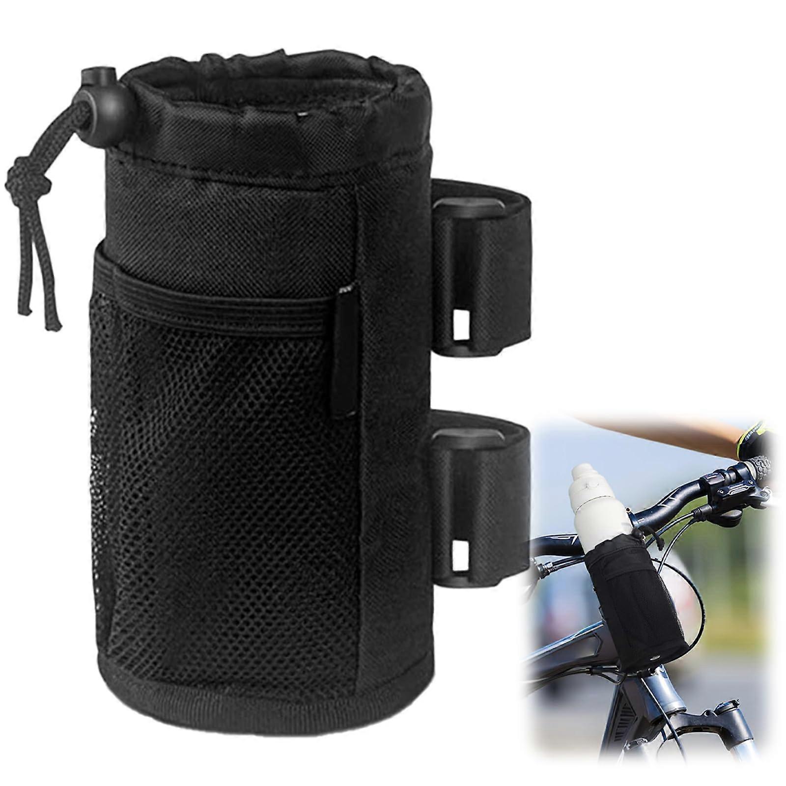Bicycle handlebar bottle holder with mesh pocket for cruisers, mountain bikes