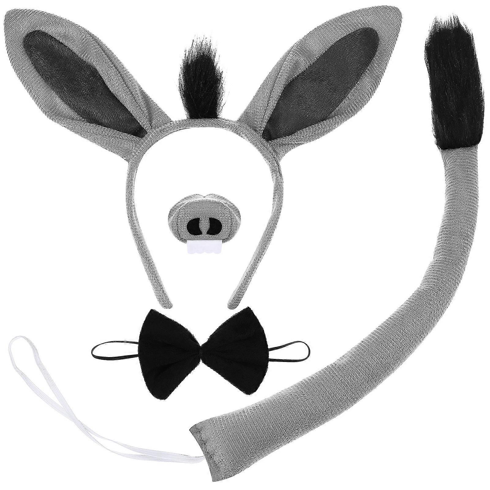 1 Set of Donkey Costume Accessories with Donkey Ears Headband Tail Bowtie and Nose Decoration