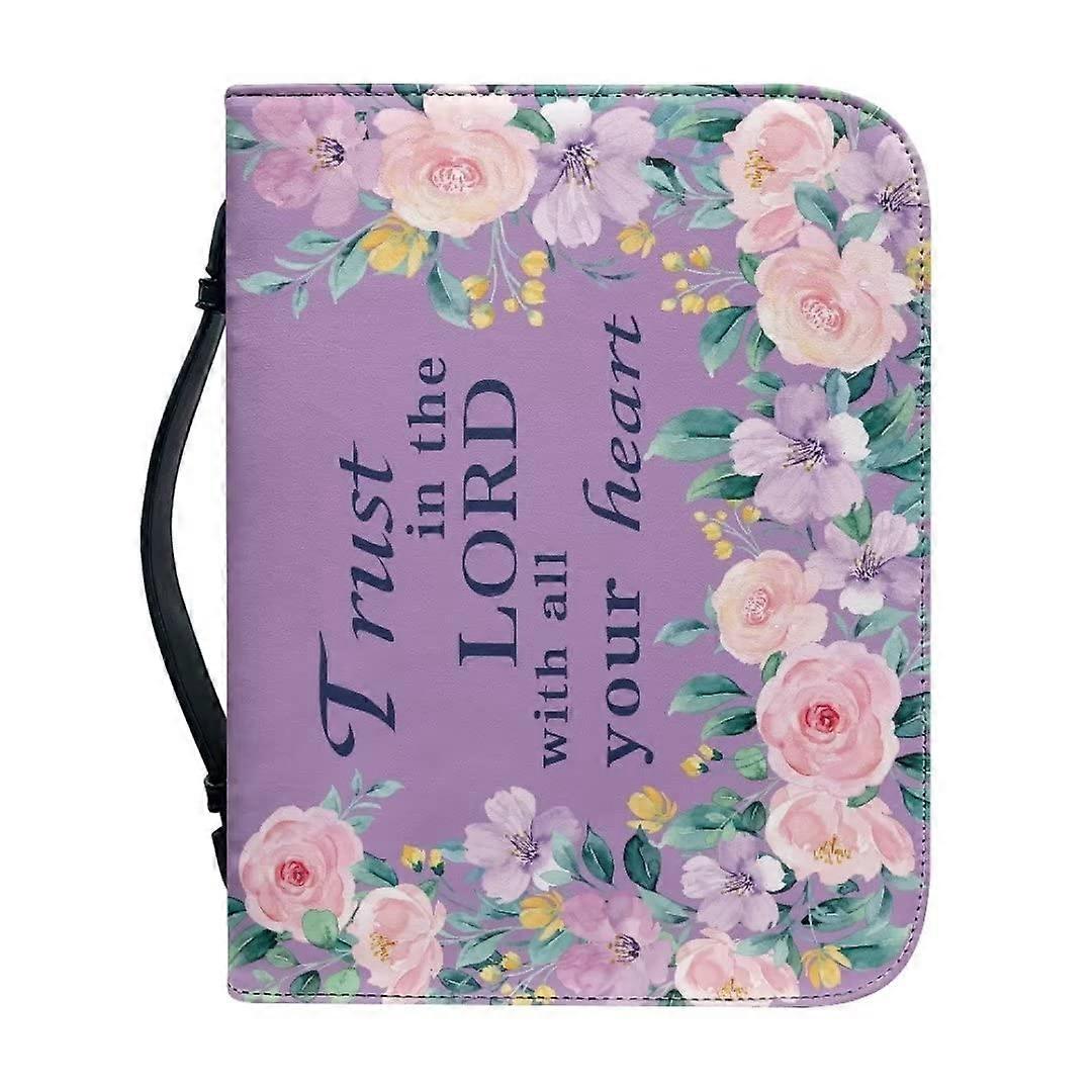Purple Leather Bible Case for Men, Zippered Bible Tote Bag, Organizer with Script Design, Durable Bible Protector