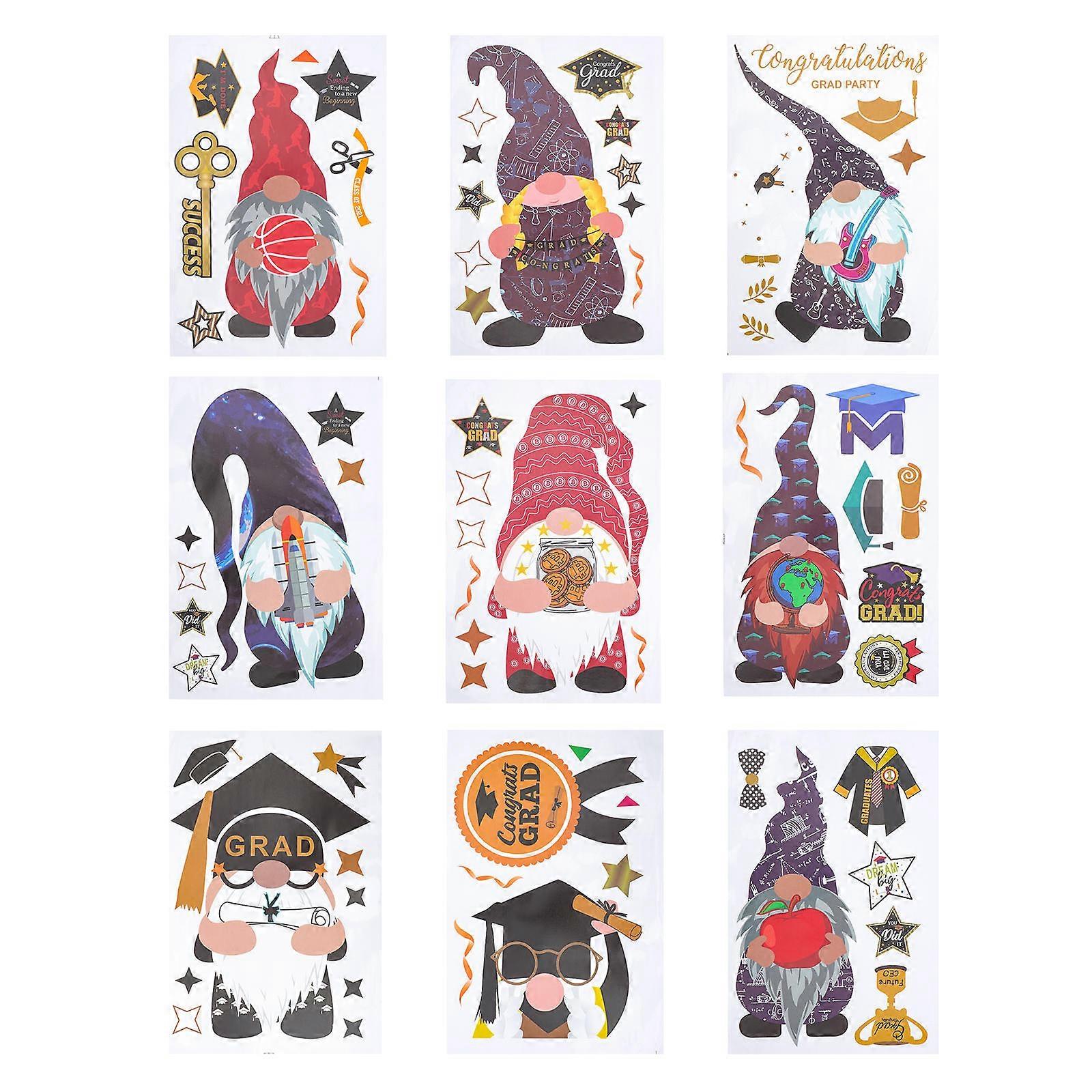 Creative Gnome Glass Window Sticker for Graduation Decor 9Pcs Set
