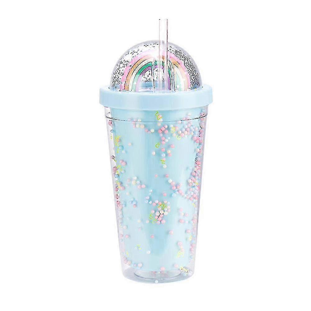 550ml Double Layer Pailletten Trinkflasche Regenbogen Plastikbecher mit Strohhalm Geschenk