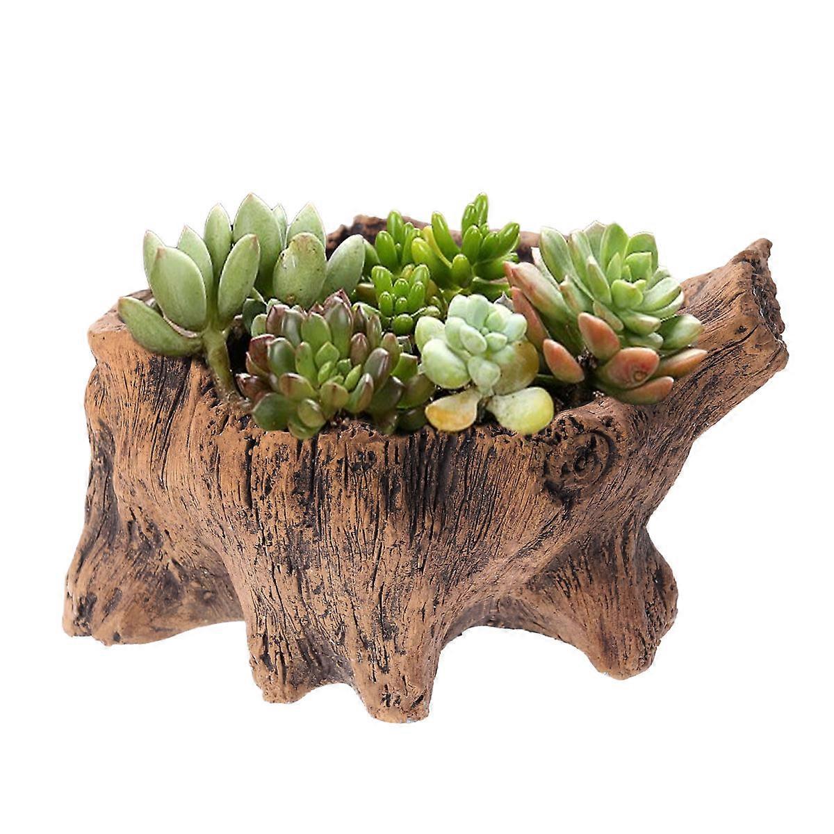 Rustic Indoor Flower Pot Imitation Tree Root Planter Square Design Clean And Sleek Office Supply Light Brown 15.50X14.50X8.00CM Drainage Hole 1Set