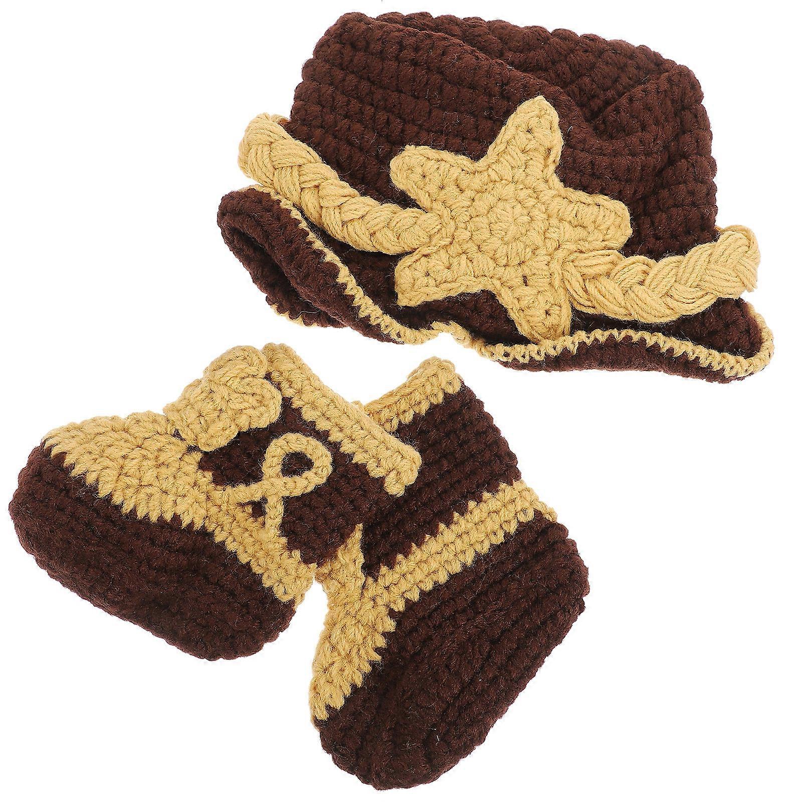 Knitting Hat Set for Newborn Use with 2Pcs Coffee Handmade Shoes