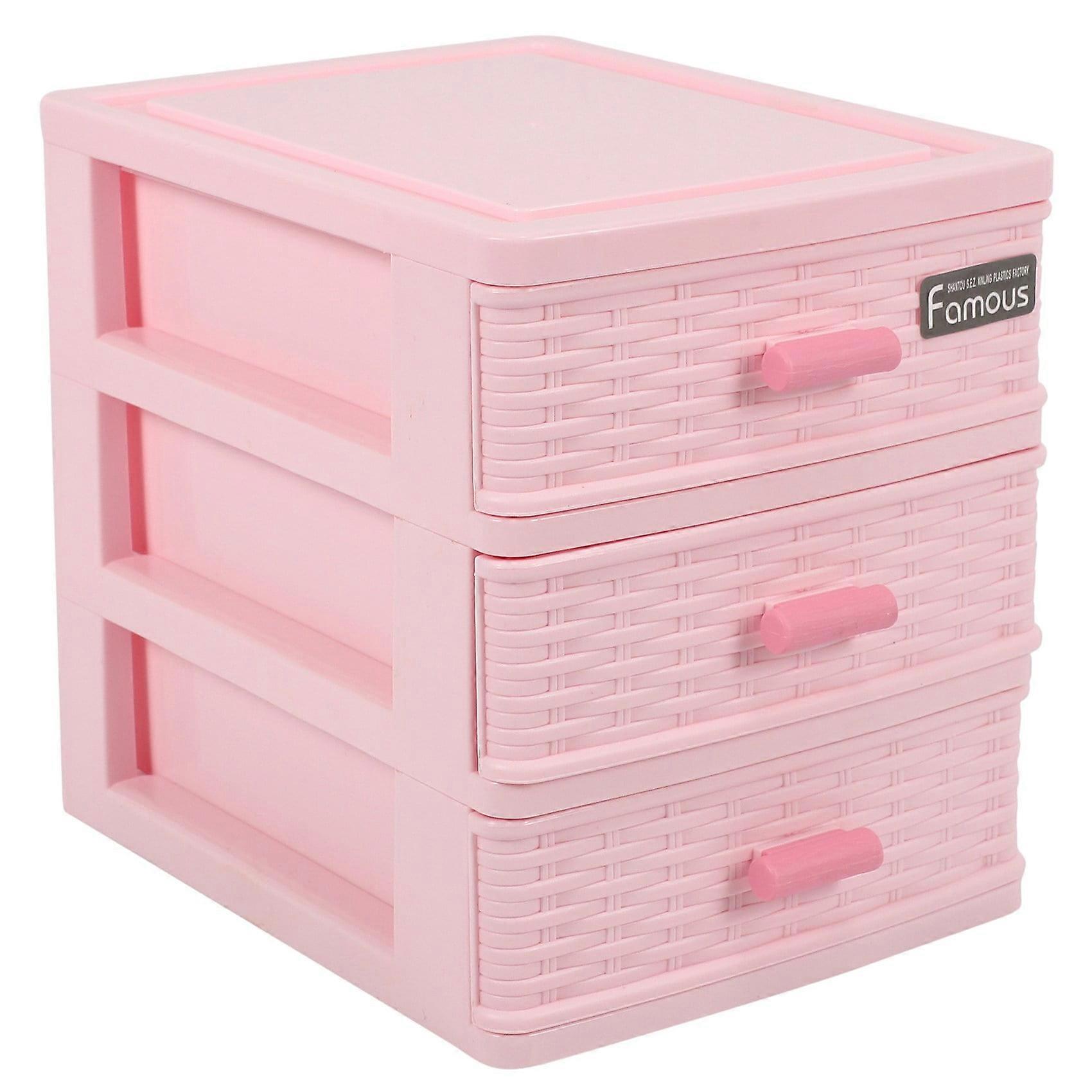Plastic Drawer Designed 3 Compartment Jewelry Storage Box Pink