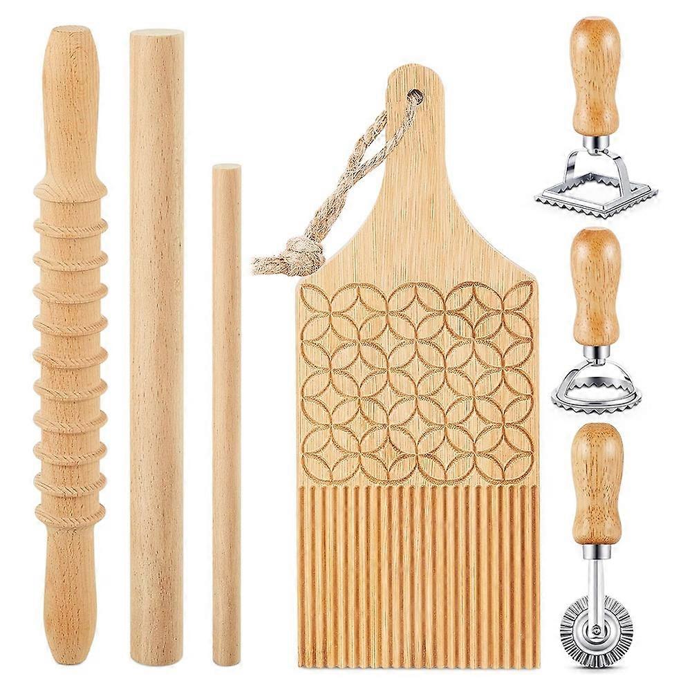 Ensemble de 7 ustensiles pour la fabrication de pâtes gnocchi, planche à pâtes en bois avec tampon à raviolis et rouleau à pâtisserie, pour des pâtes maison