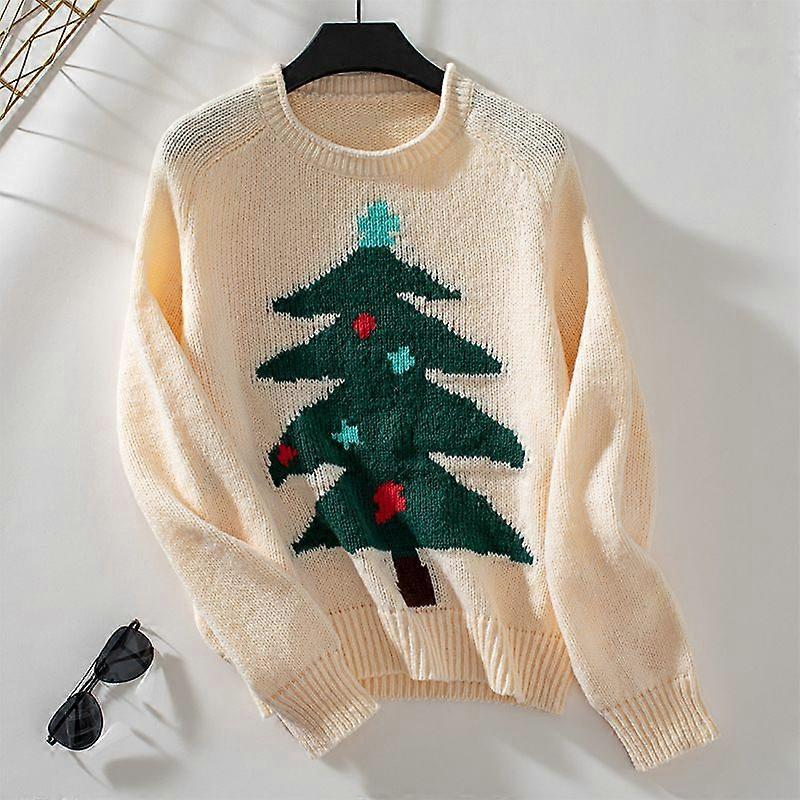 Christmas Tree Pattern Women's Sweater Round Neck Loose Knit Top Holiday Theme Pullover