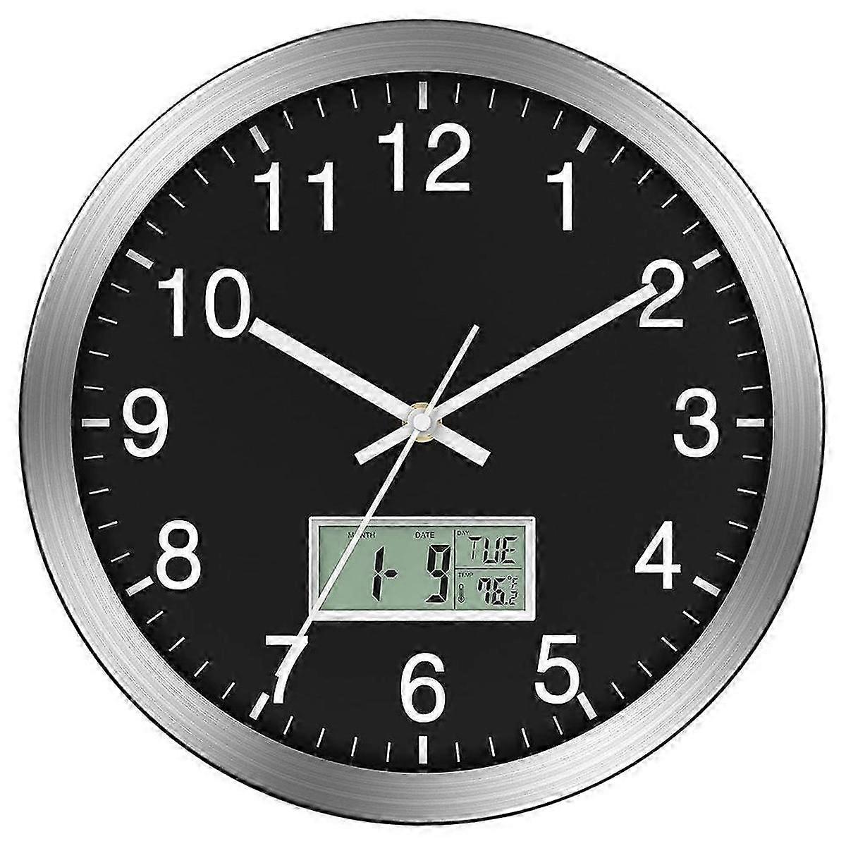 12Inch Wall Clock with Digital Date, Week & Indoor Temp - Battery Operated Wall Clock, Auto Sets,Easy to Read