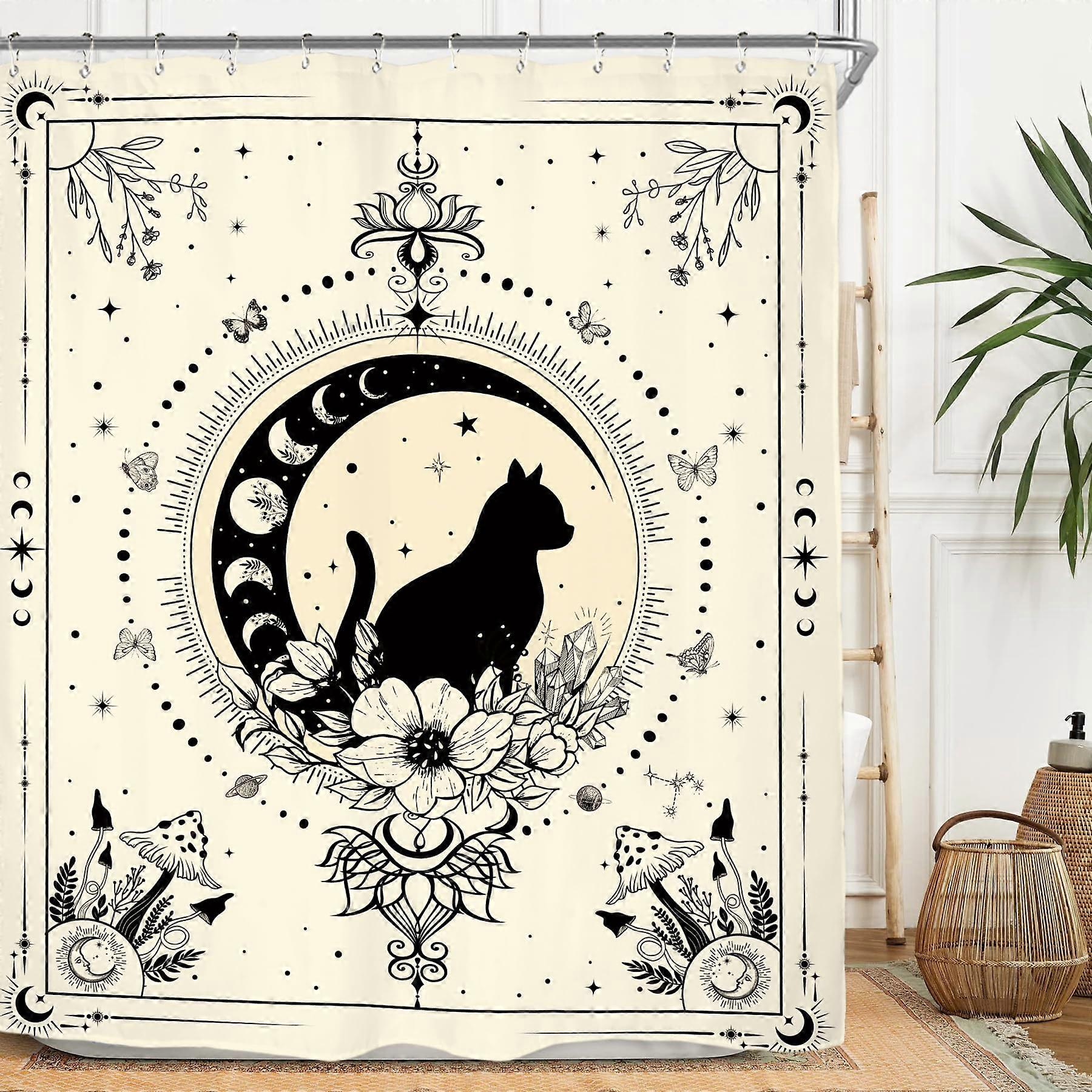 Sun and Moon Shower Curtain 60x71 Gothic Celestial Moon Phase Cat Waterproof Bathroom Decor with Hooks