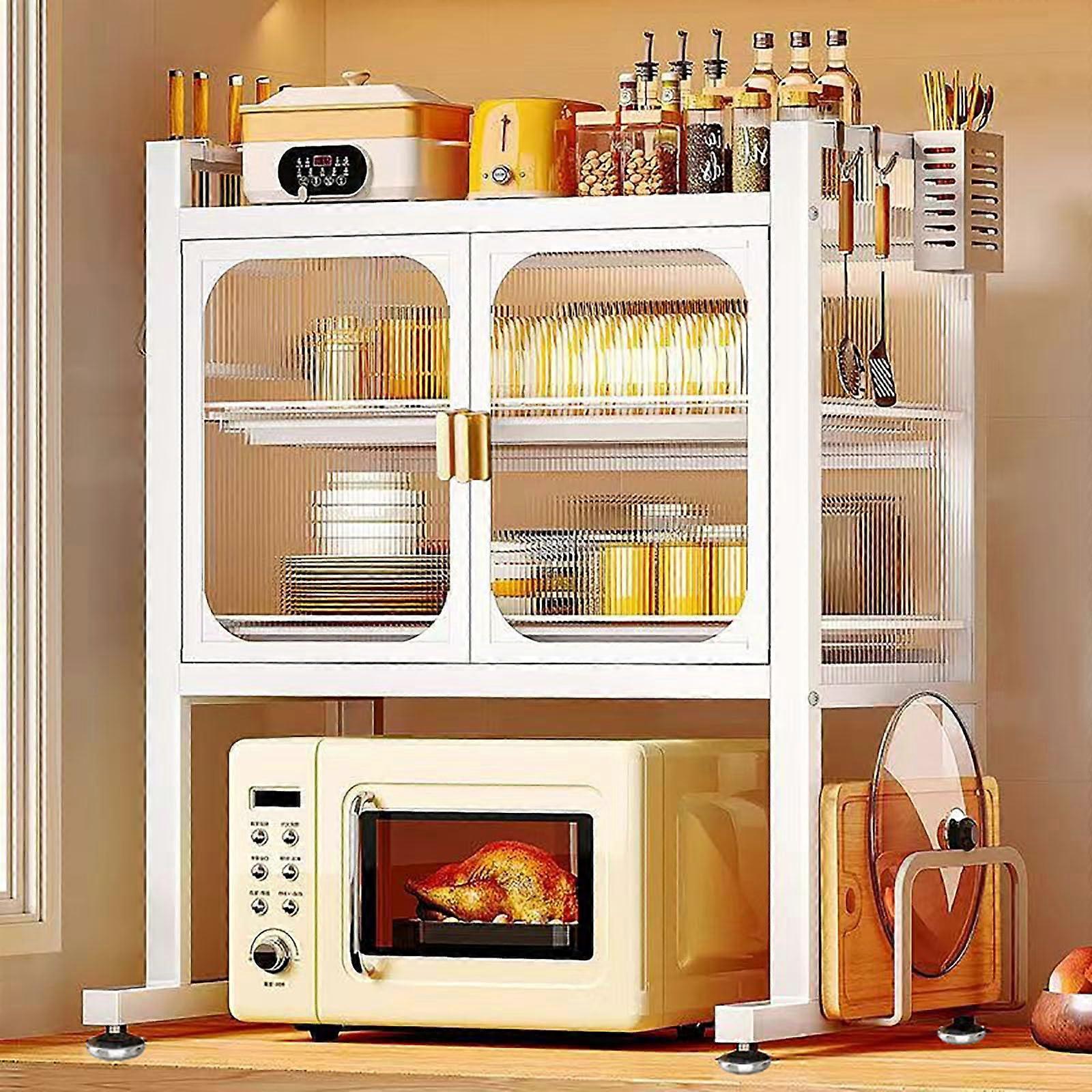 Microwave Oven Rack with Storage Cabinet and Hooks, SpaceSaving Kitchen Counter Shelf Organizer White