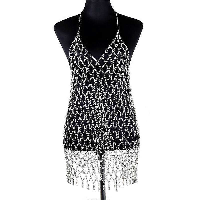 Sexy Mesh Body Chain Skirts Carnival Hollow Chain Halter Bra Lingerie Exotic Dress Showgirl Jewelry