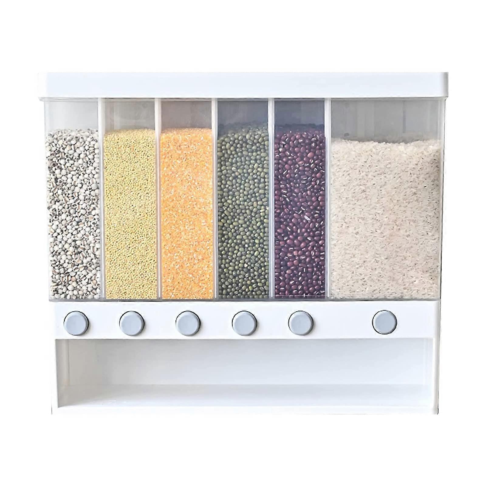6 in 1 Wall Mounted Rice Dispenser with Large Capacity, Transparent Compartments, Dry Food Storage Container for Kitchen