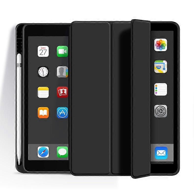 Capa elegante para iPad 11 de 11 polegadas, preta misteriosa, com compartimento para caneta, em silicone macio e couro.
