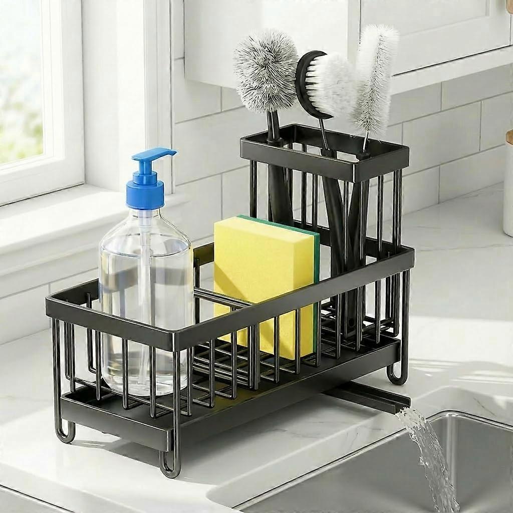 Rustproof Stainless Steel Kitchen Sink Caddy with Auto Draining Three Section Sponge Holder Ref:7514