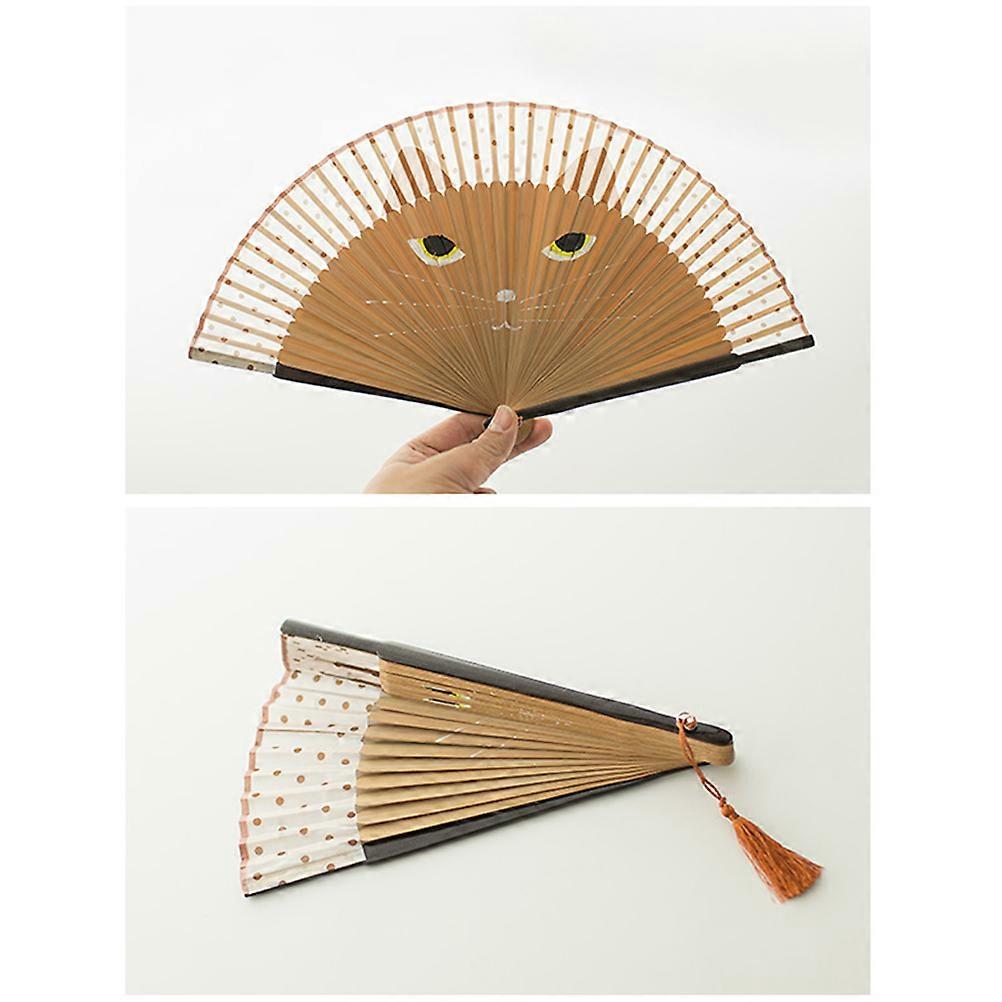Brown Cat Fan Handheld Foldable Bamboo Silk Fan for Summer Use