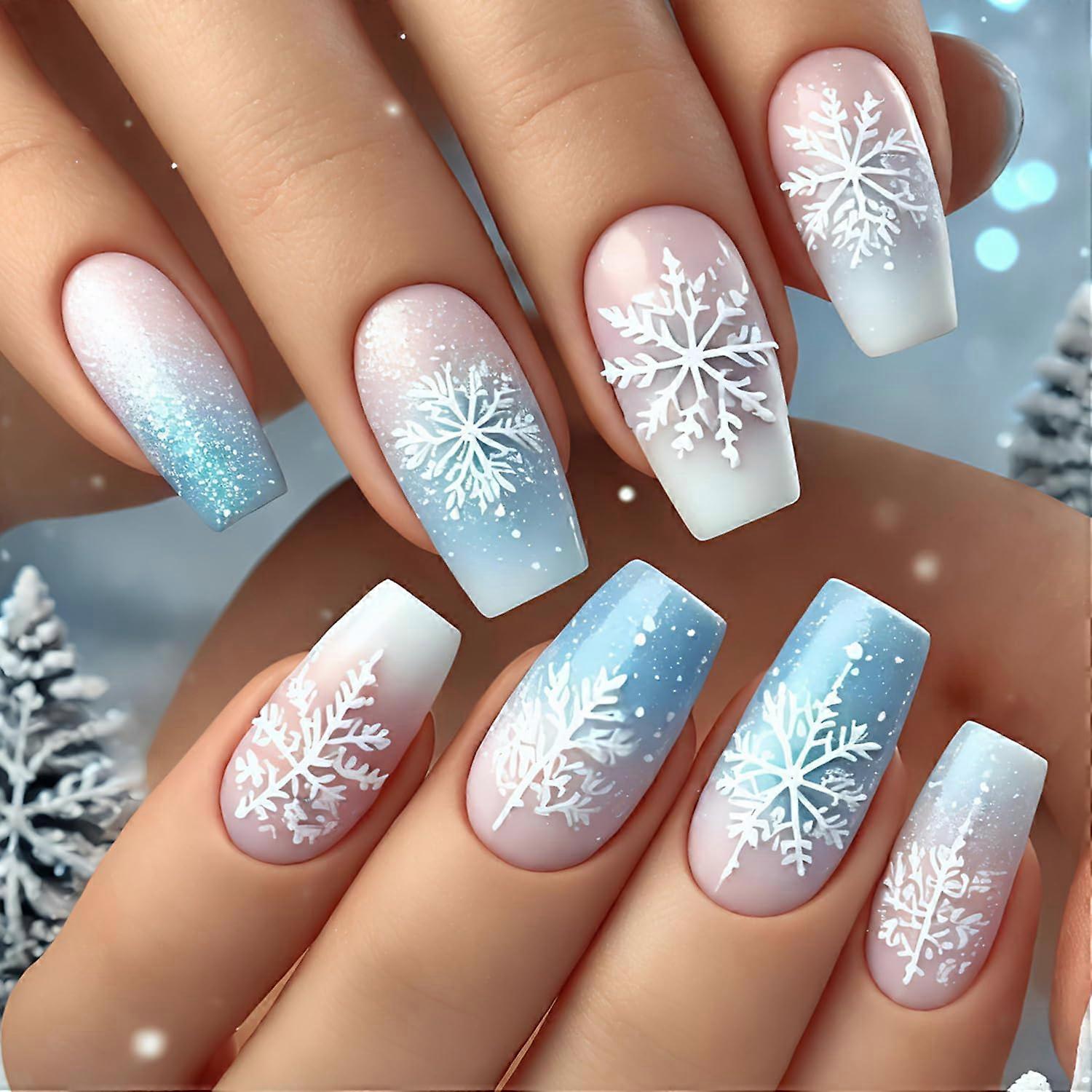 Christmas Press On Nails Medium Square Acrylic Fake Nails Gradient Snowflake Glitter Design