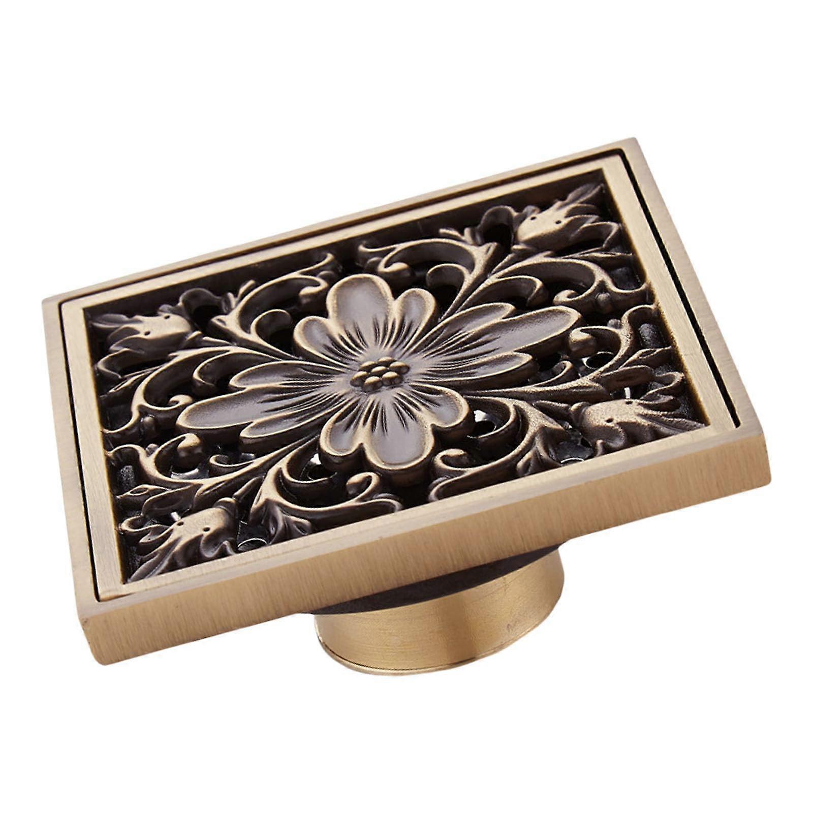 Antique Brass Square Shower Drain with Double Layer Filter and Automatic Seal, Floral Engraving