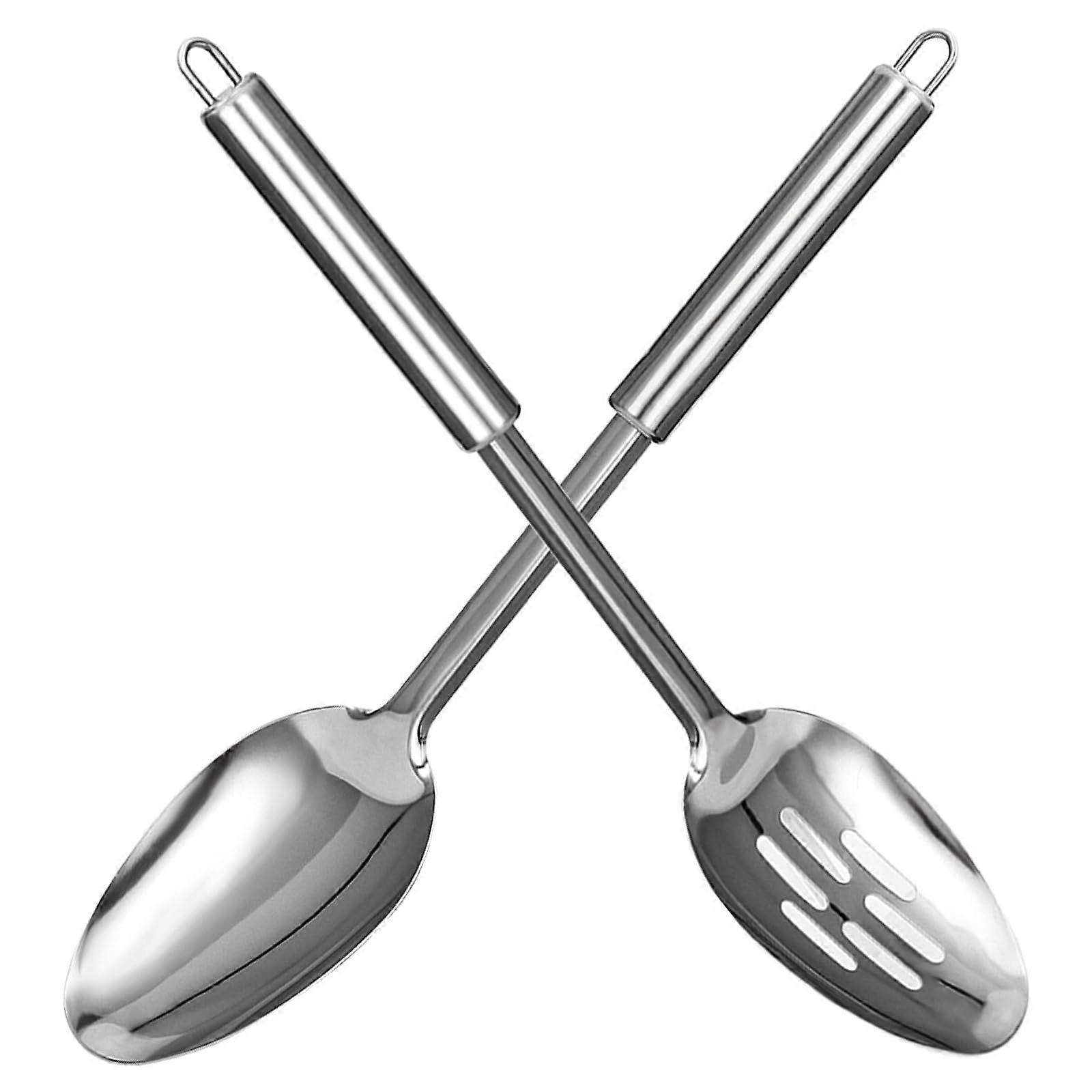 Stainless Steel Serving Spoon Set, 13 Inch Solid and Slotted Cooking Utensils, Dishwasher Safe
