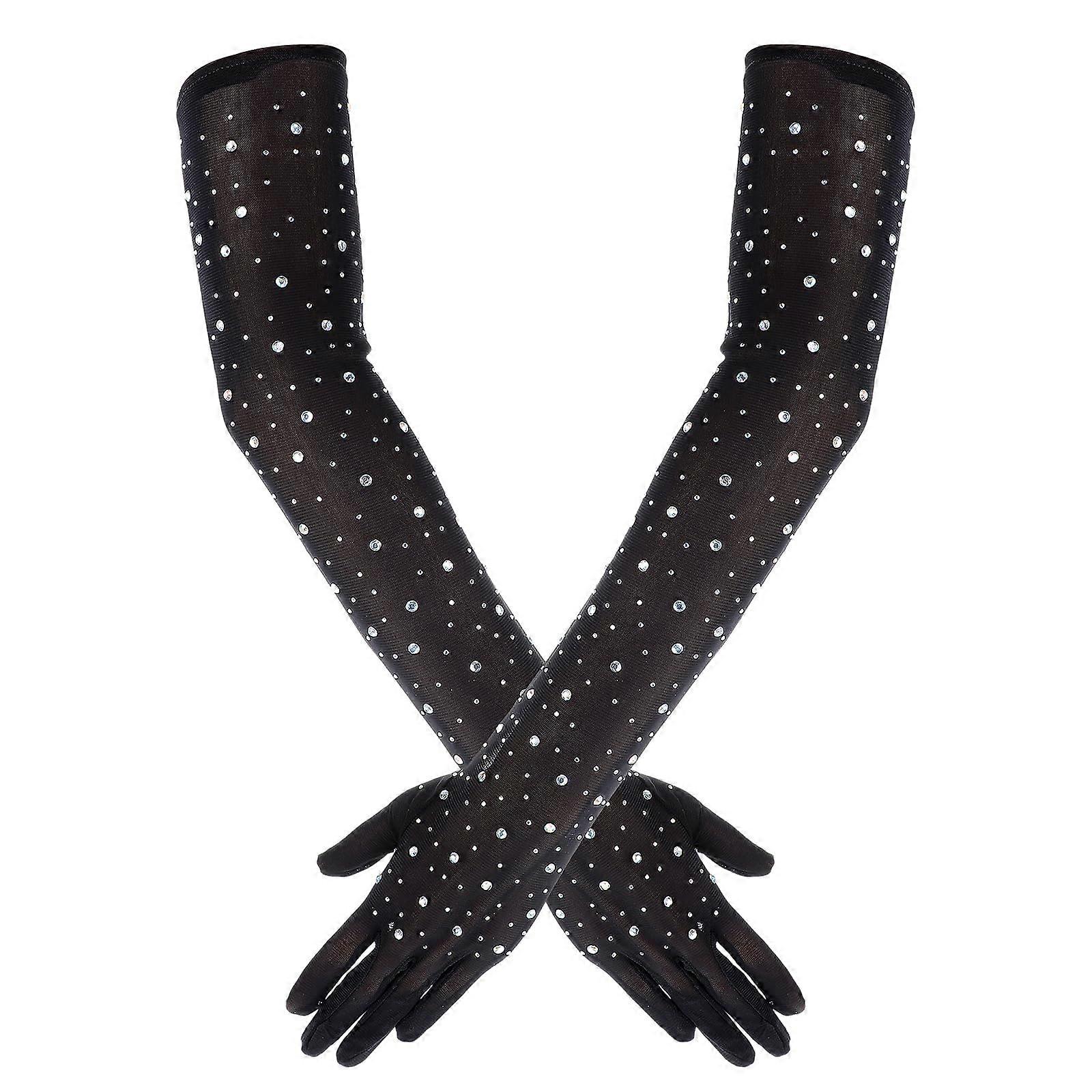 Black Rhinestone Gloves Sparkly Mesh Long Opera Gloves Elegant Party Accessory for Women
