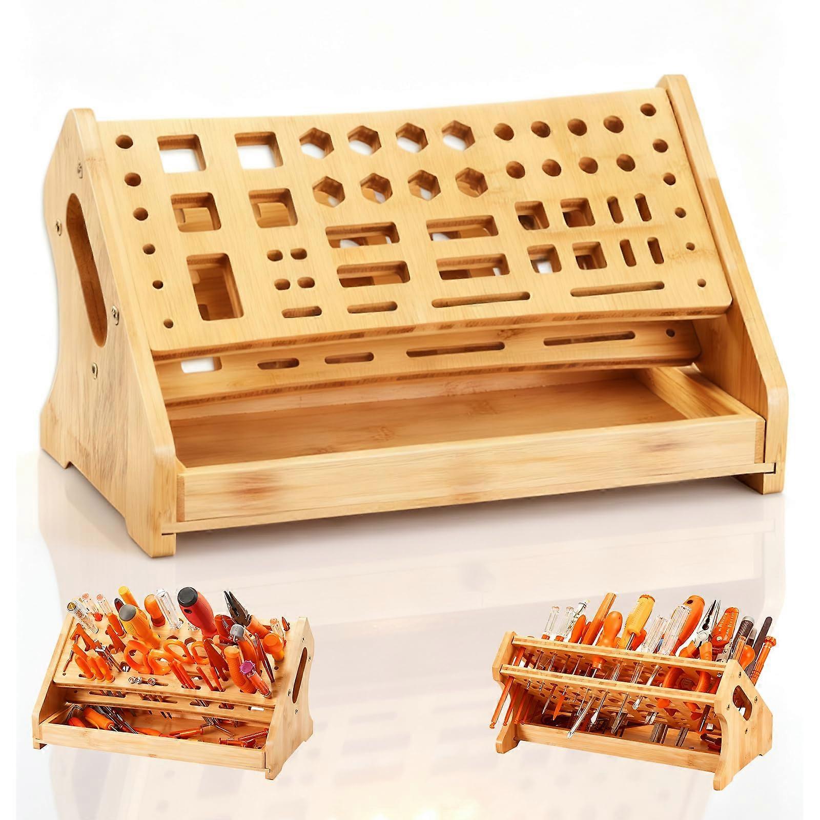Bamboo Tool Organizer with Drawer, Wooden Screwdriver Holder Rack for Workbench Large Capacity