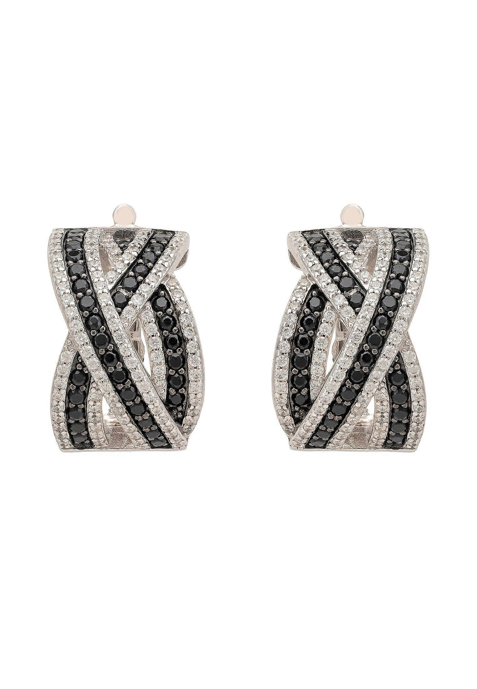 Crossover Hoop Earrings Black Cz Silver