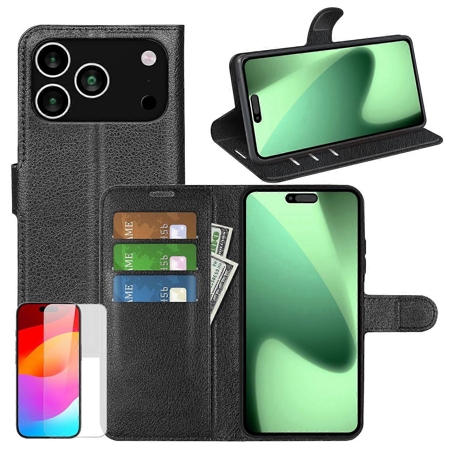 For Apple iPhone 17 Pro Faux Leather Book Wallet Case Black + 9H Tempered Glass