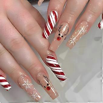 Christmas Press on Nails Long Coffin Fake Nails Red White Swirl Snowflake Elk Rhinestone Glitter 24Pcs