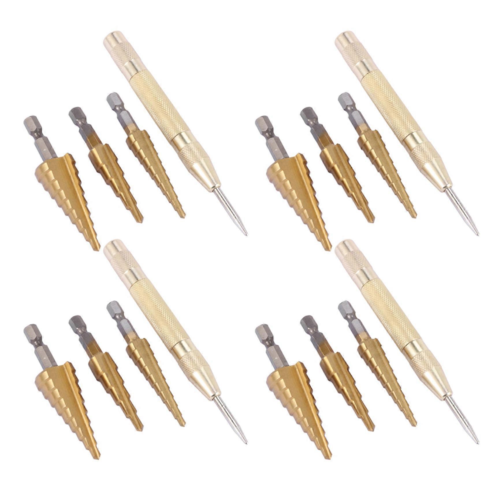 12 Pcs HSS Titanium Step Drill Bit Set & 4 Pcs Automatic Center Punch