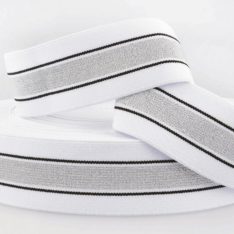 40mm Stephanoise Metallic Stripe Flat Elastic White Silver Black - per metre