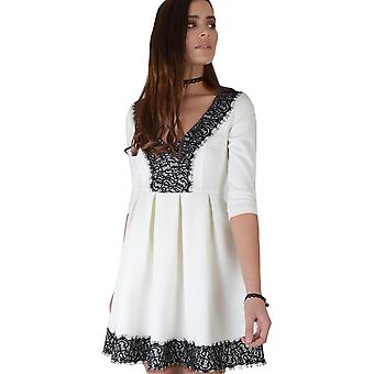 Lovemysyle White Skater Dress With Black Lace V-Neckline | Fruugo US
