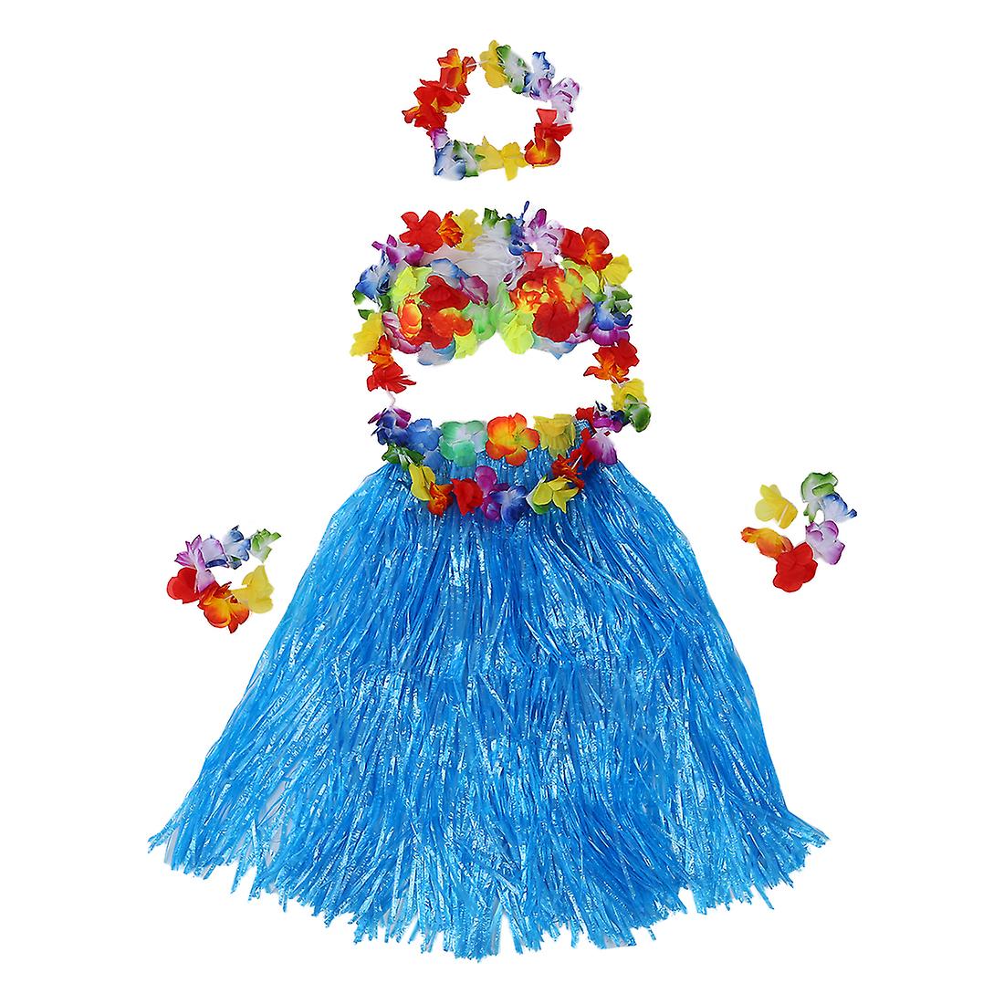 6 Set Hawaiian Grass flower Hula Lei Wristband Garland costume - Blue