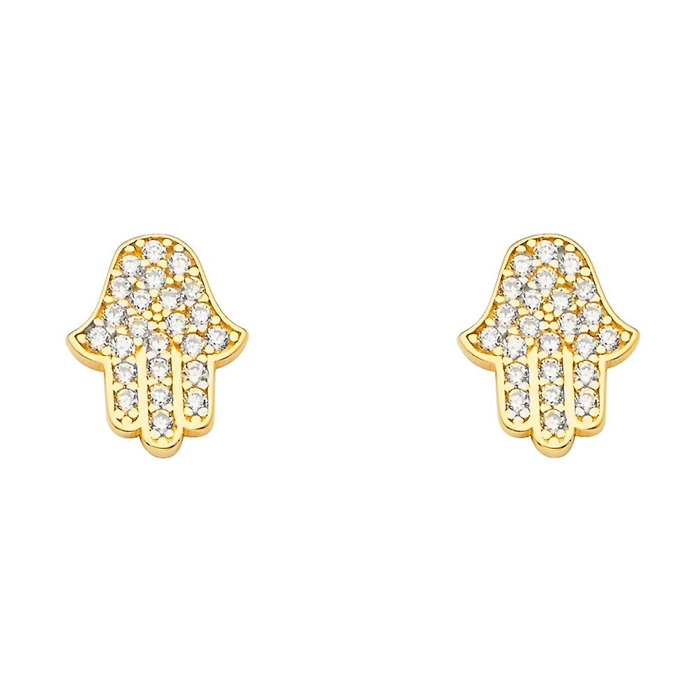 14k Yellow Gold Cubic Zirconia Hamsa Earrings With Push Back 7x10mm Stud Earring for Women