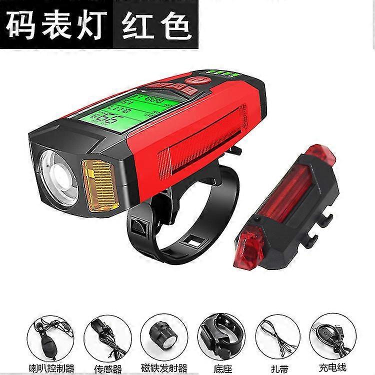 Red Code Table Light+strip Tail Light 3-in-1 Cycling Intelligent Code Meter Light Temperature+time+electric Display+code Meter+warning+horn Light Usb